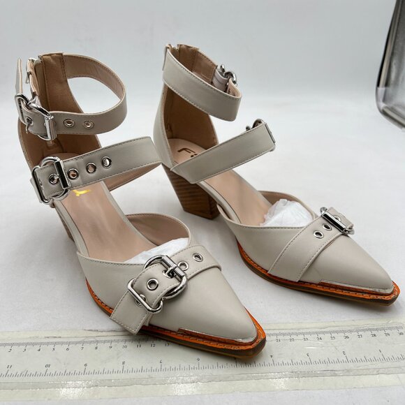 FSJ Beige Pointed Toe Metal Buckle Hollow Out Leather Strappy Wedge Heel Sandal - Picture 4 of 8